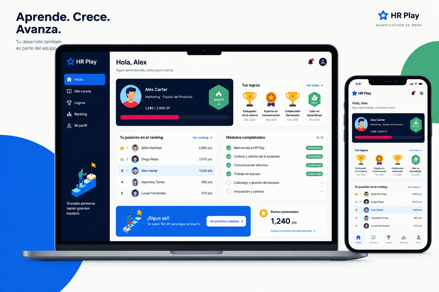 GrowU gamified HR platform mockup